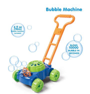 Baby hand push electric bubble machine creating vibrant bubbles for kids' playtime and parties.